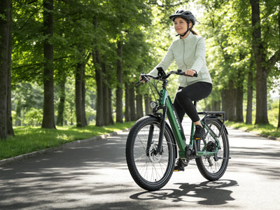 Dukawey FUGL3.0 low-step city e-bike riding on a tree-lined road
