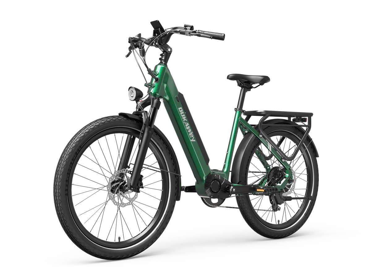 Dukawey FUGL3.0 green low-step 250W e-bike front three-quarter view