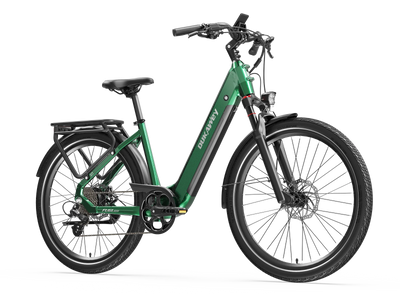 Green Dukawey FUGL Pro electric bike, front-side view