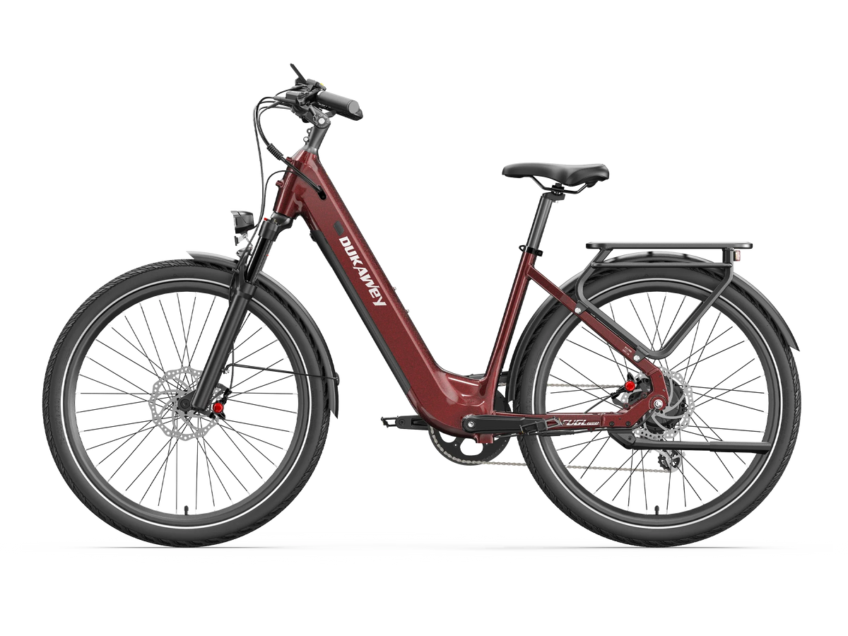 Red Dukawey FUGL Pro electric bike, rear three-quarter view